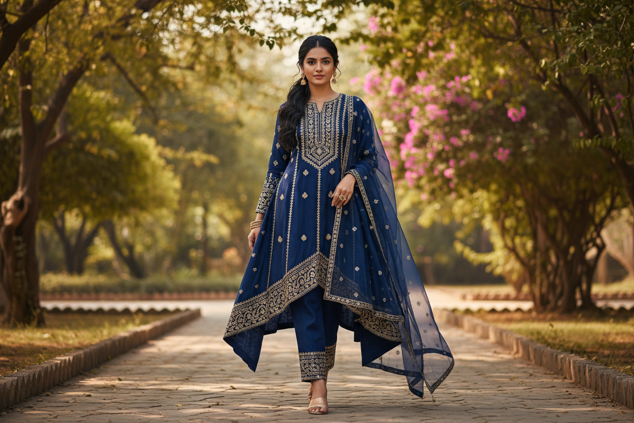 Girl walking wearing two piece set kurtha