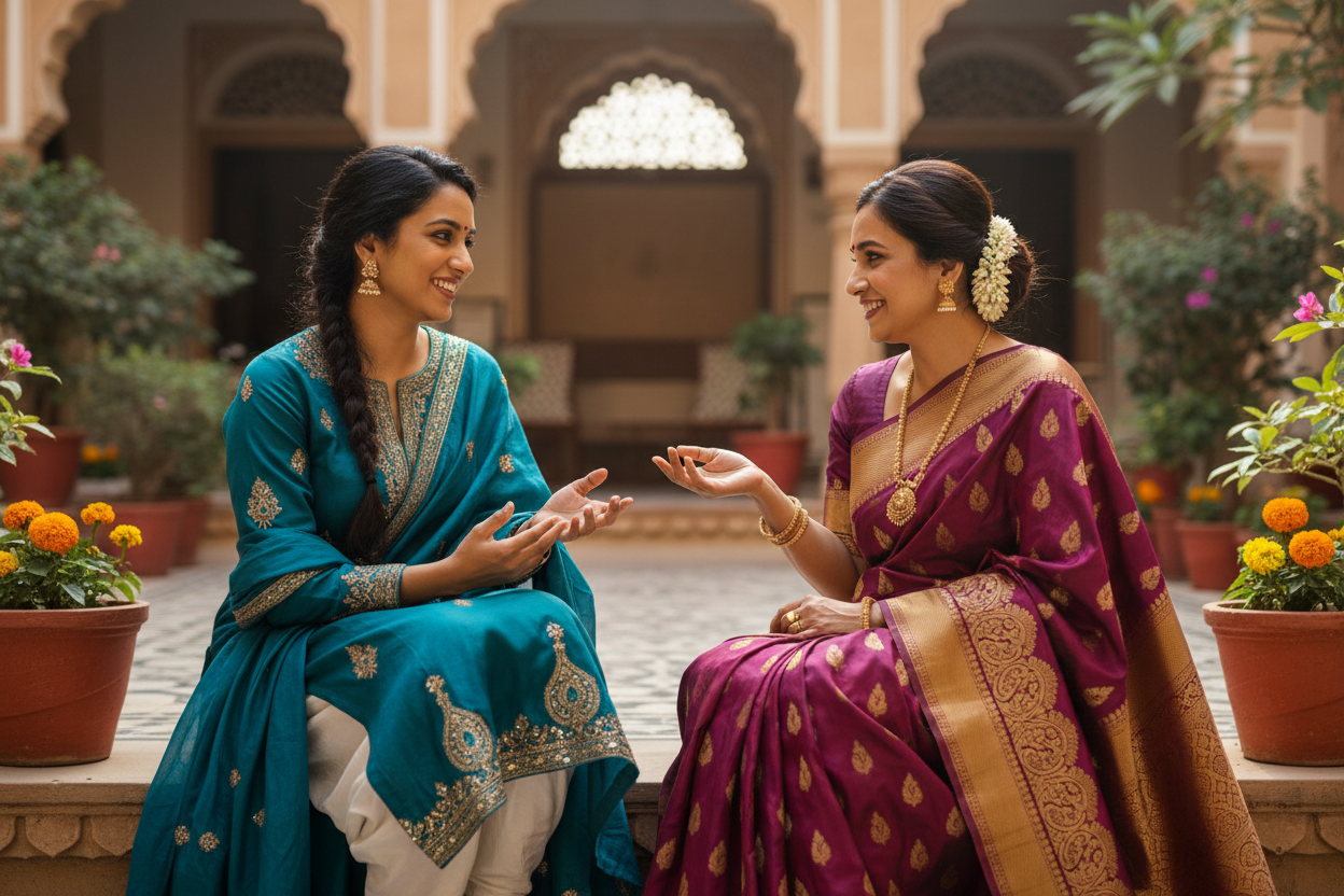 Two womans talking one womn wearing kurtha another woman wear saree 